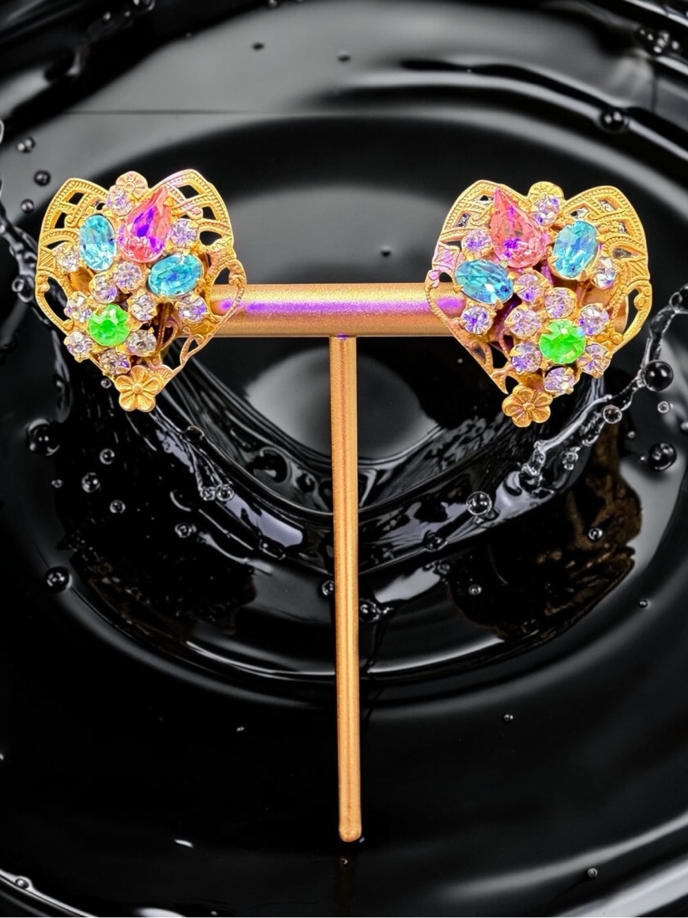 MCM Rhinestone Heart Uranium Glass Ornate Filigree Gold Tone Clip On Earrings